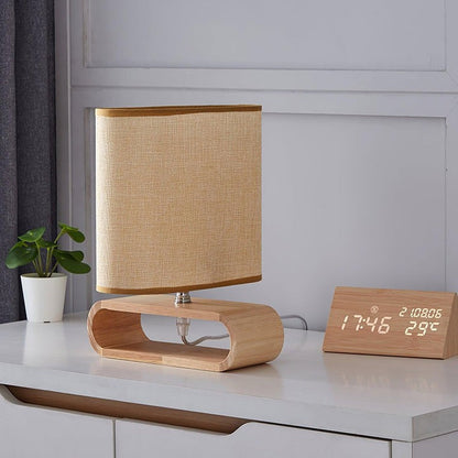 Natural Wood Table Lamp with Brown Fabric Shade
