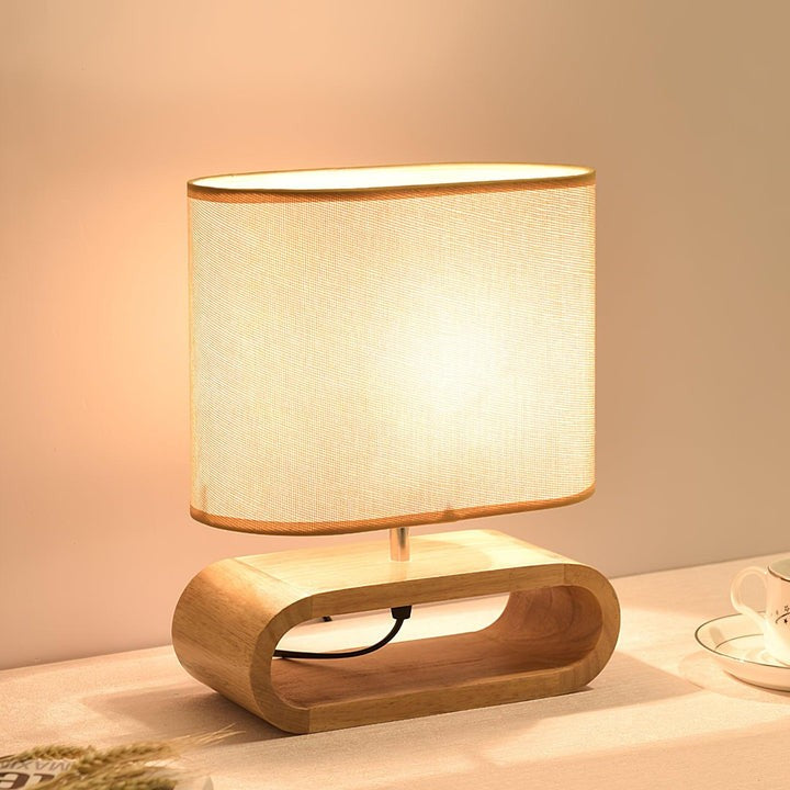 Natural Wood Table Lamp with Brown Fabric Shade