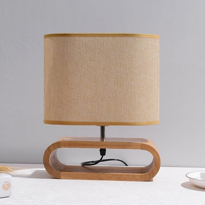 Natural Wood Table Lamp with Brown Fabric Shade
