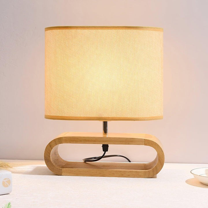 Natural Wood Table Lamp with Brown Fabric Shade