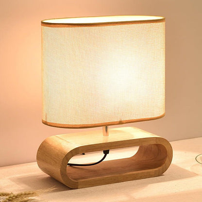 Natural Wood Table Lamp with Brown Fabric Shade
