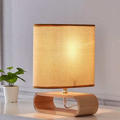 Natural Wood Table Lamp with Brown Fabric Shade