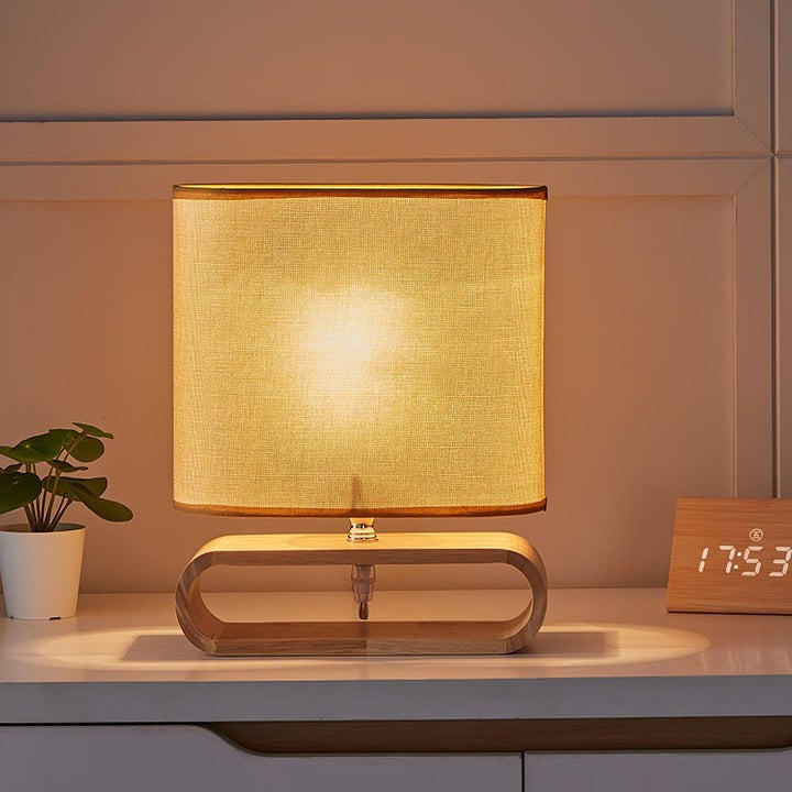 Natural Wood Table Lamp with Brown Fabric Shade