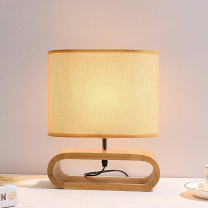 Natural Wood Table Lamp with Brown Fabric Shade