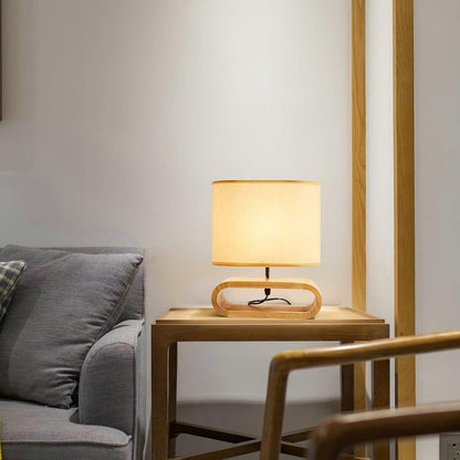 Natural Wood Table Lamp with Brown Fabric Shade