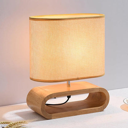 Natural Wood Table Lamp with Brown Fabric Shade