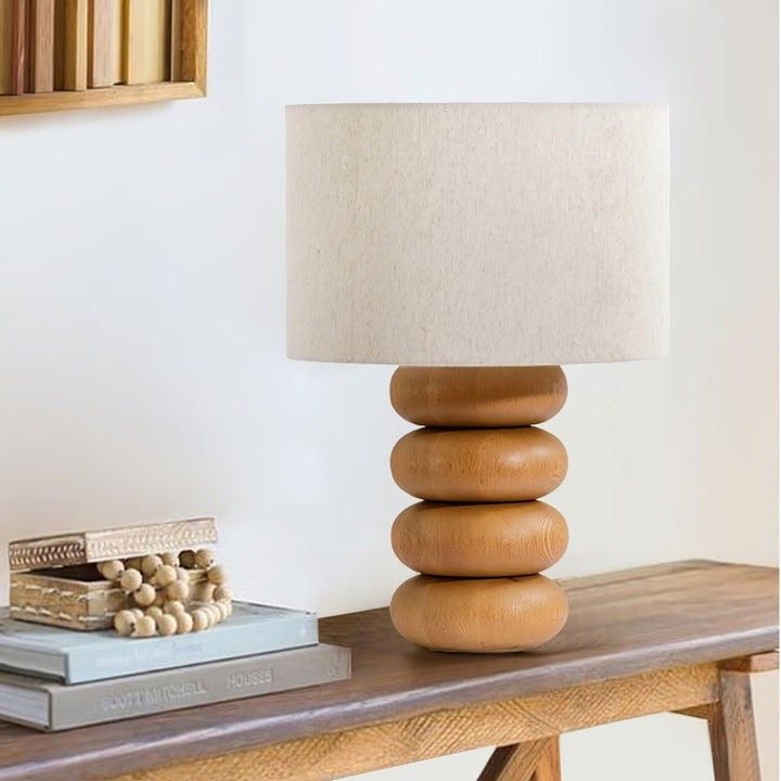 Organic Wooden Sphere Table Lamp with White Linen Shade