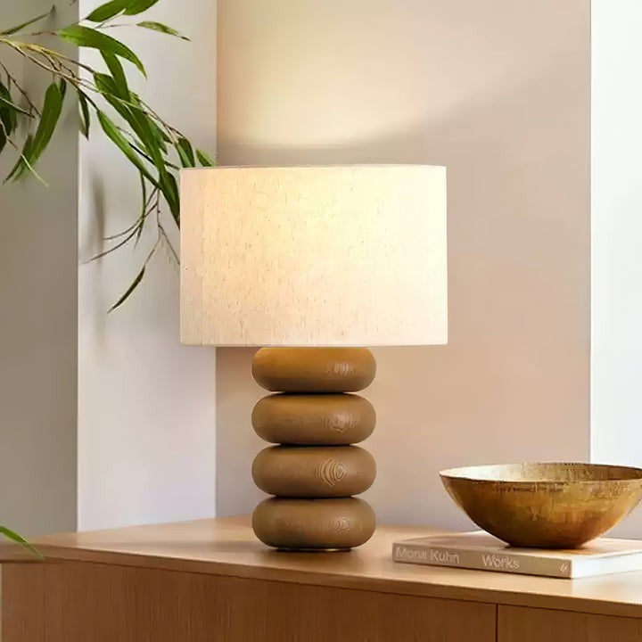 Organic Wooden Sphere Table Lamp with White Linen Shade