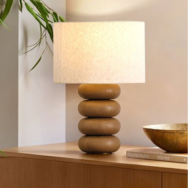 Organic Wooden Sphere Table Lamp with White Linen Shade
