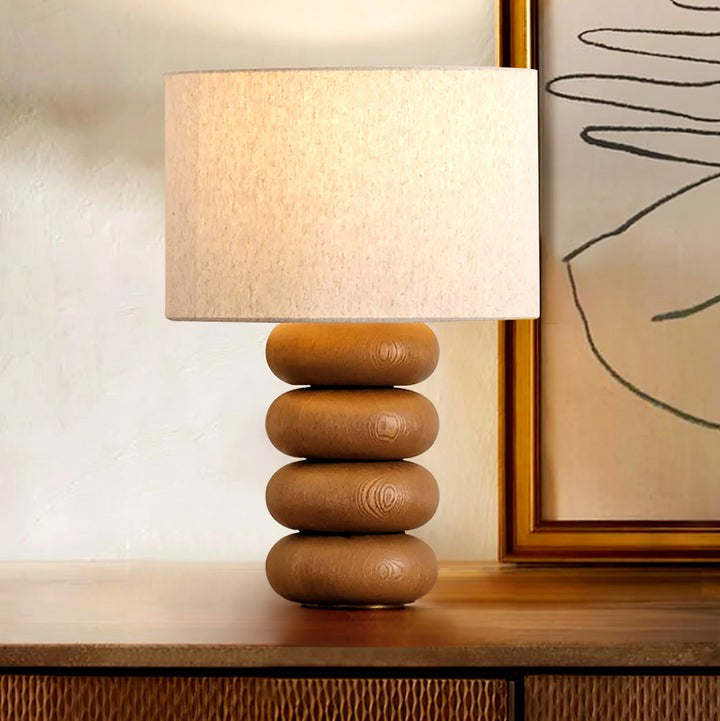 Organic Wooden Sphere Table Lamp with White Linen Shade
