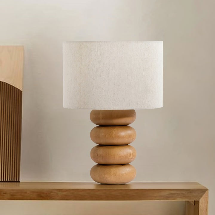 Organic Wooden Sphere Table Lamp with White Linen Shade