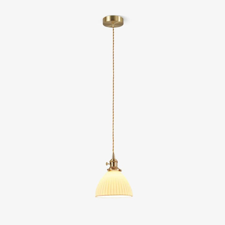 Pleated Ceramic Shade Pendant Light with Brass Finish