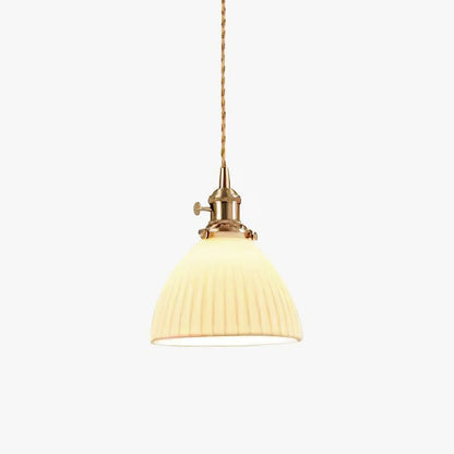 Pleated Ceramic Shade Pendant Light with Brass Finish