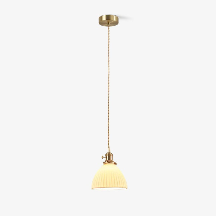 Pleated Ceramic Shade Pendant Light with Brass Finish