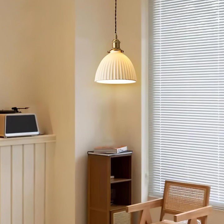 Pleated Ceramic Shade Pendant Light with Brass Finish