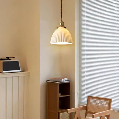 Pleated Ceramic Shade Pendant Light with Brass Finish