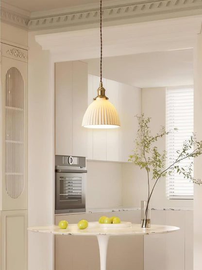 Pleated Ceramic Shade Pendant Light with Brass Finish