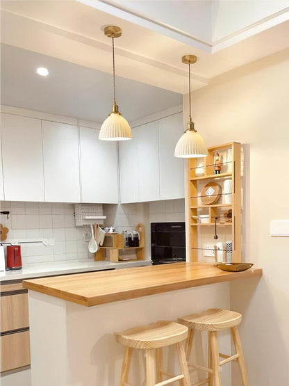 Pleated Ceramic Shade Pendant Light with Brass Finish