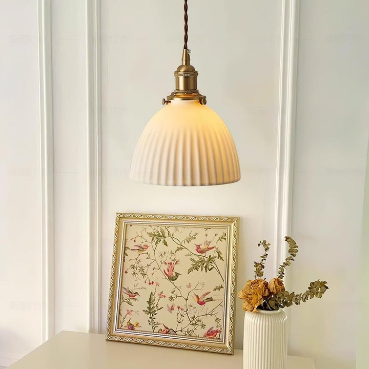 Pleated Ceramic Shade Pendant Light with Brass Finish