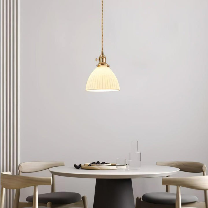 Pleated Ceramic Shade Pendant Light with Brass Finish