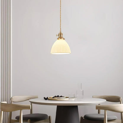 Pleated Ceramic Shade Pendant Light with Brass Finish