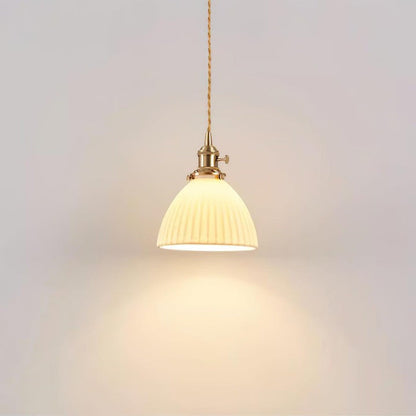 Pleated Ceramic Shade Pendant Light with Brass Finish