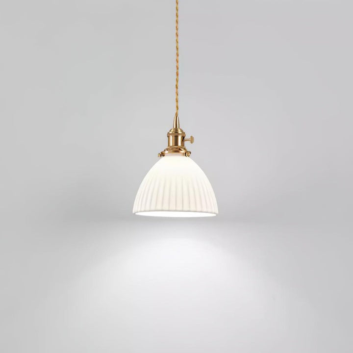 Pleated Ceramic Shade Pendant Light with Brass Finish