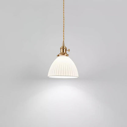 Pleated Ceramic Shade Pendant Light with Brass Finish