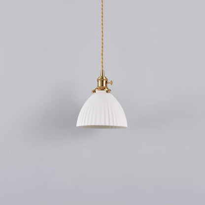 Pleated Ceramic Shade Pendant Light with Brass Finish