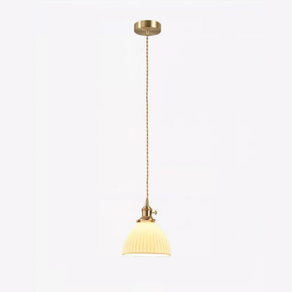 Pleated Ceramic Shade Pendant Light with Brass Finish