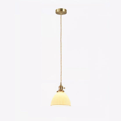 Pleated Ceramic Shade Pendant Light with Brass Finish