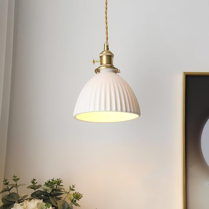 Pleated Ceramic Shade Pendant Light with Brass Finish