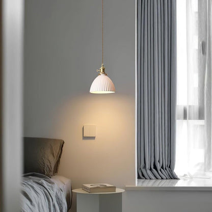 Pleated Ceramic Shade Pendant Light with Brass Finish