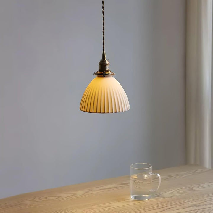 Pleated Ceramic Shade Pendant Light with Brass Finish
