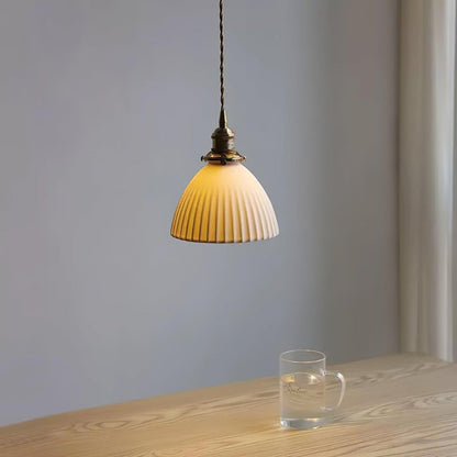 Pleated Ceramic Shade Pendant Light with Brass Finish
