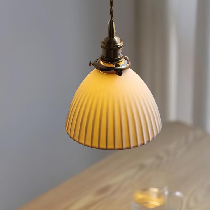 Pleated Ceramic Shade Pendant Light with Brass Finish