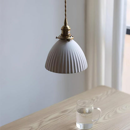 Pleated Ceramic Shade Pendant Light with Brass Finish