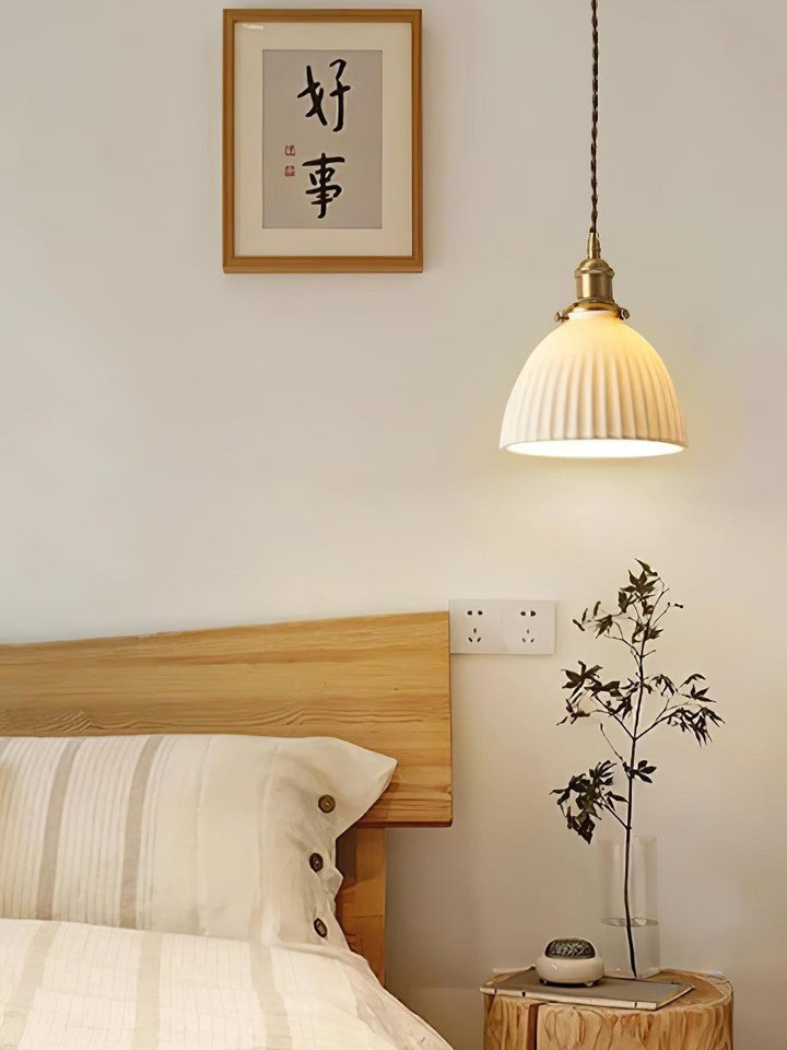 Pleated Ceramic Shade Pendant Light with Brass Finish
