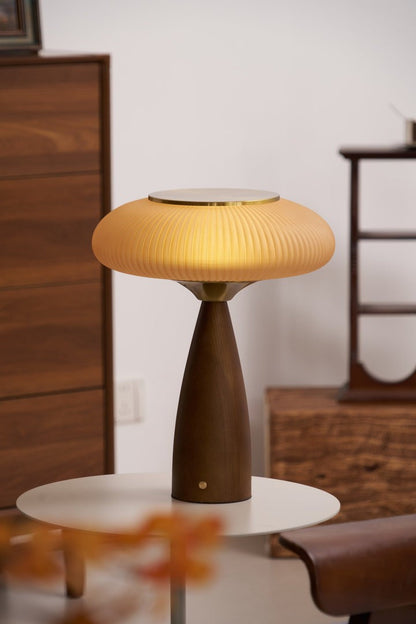 Rechargeable Wooden Table Lamp with Glass Shade
