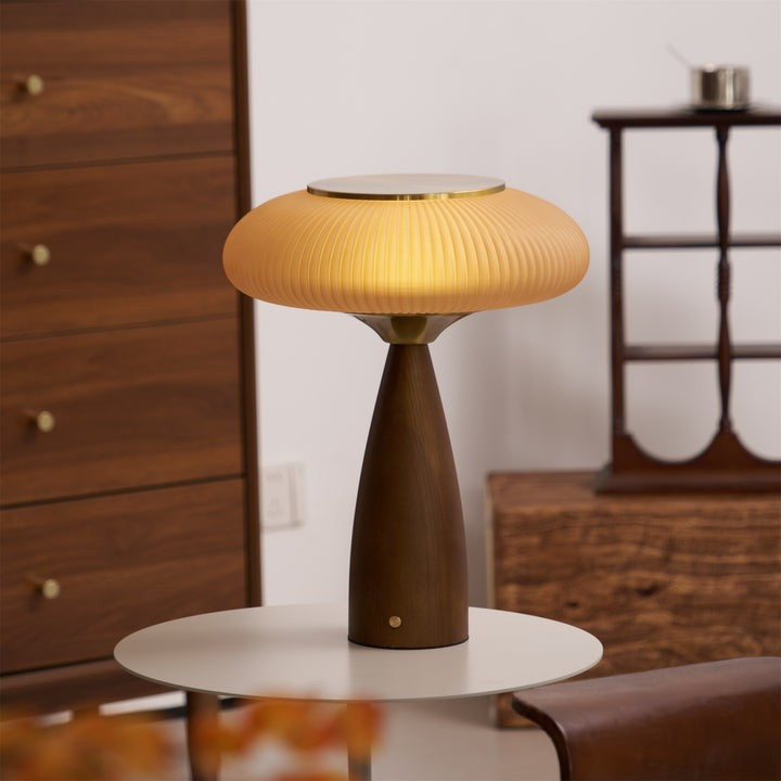 Rechargeable Wooden Table Lamp with Glass Shade