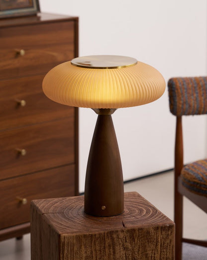 Rechargeable Wooden Table Lamp with Glass Shade