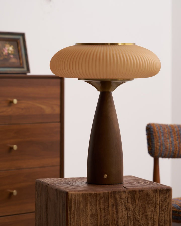Rechargeable Wooden Table Lamp with Glass Shade