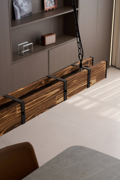 Rectangular Wooden LED Chandelier – Modern Loft Pendant Light