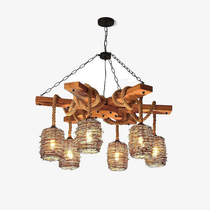 Rustic Rattan & Wood Farmhouse Chandelier