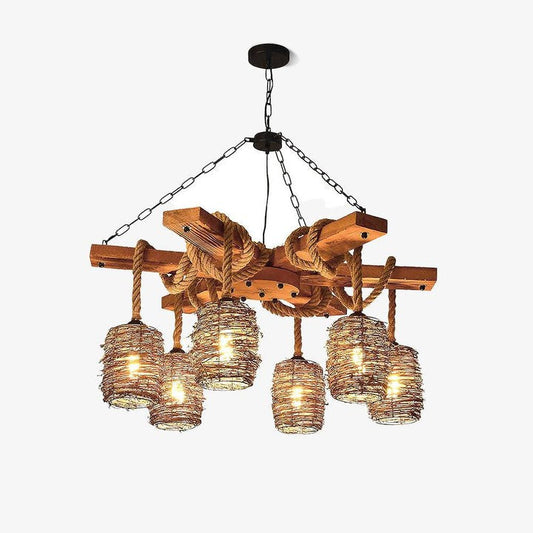 Rustic Rattan & Wood Farmhouse Chandelier