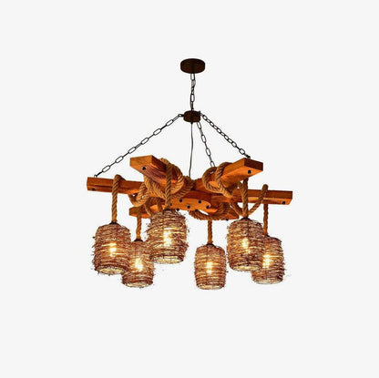 Rustic Rattan & Wood Farmhouse Chandelier