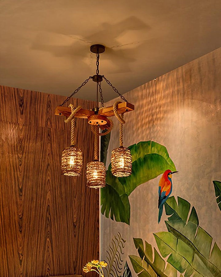 Rustic Rattan & Wood Farmhouse Chandelier