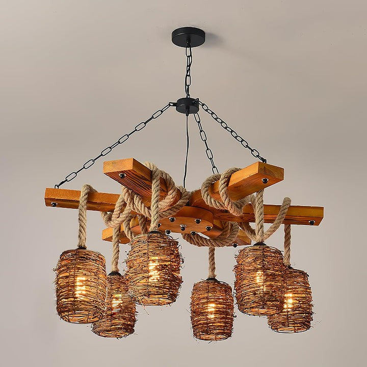 Rustic Rattan & Wood Farmhouse Chandelier