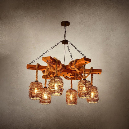 Rustic Rattan & Wood Farmhouse Chandelier