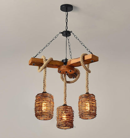 Rustic Rattan & Wood Farmhouse Chandelier
